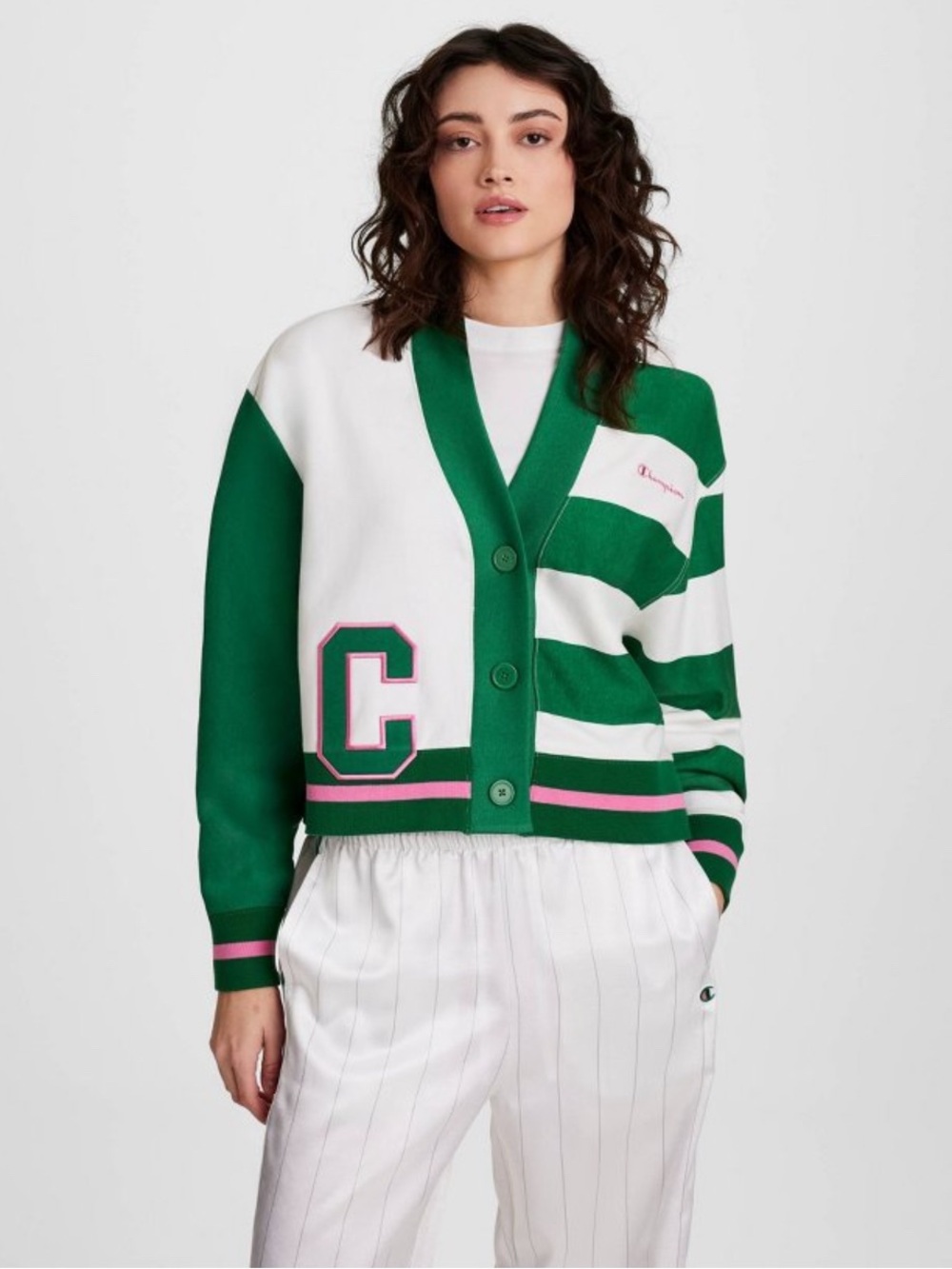 Champion Green, White & Pink Striped V-Neck Cardigan